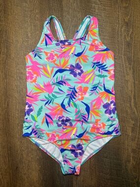 LANDS' END Girl's Aqua Tropical One-Piece Swimsuit Size 10+